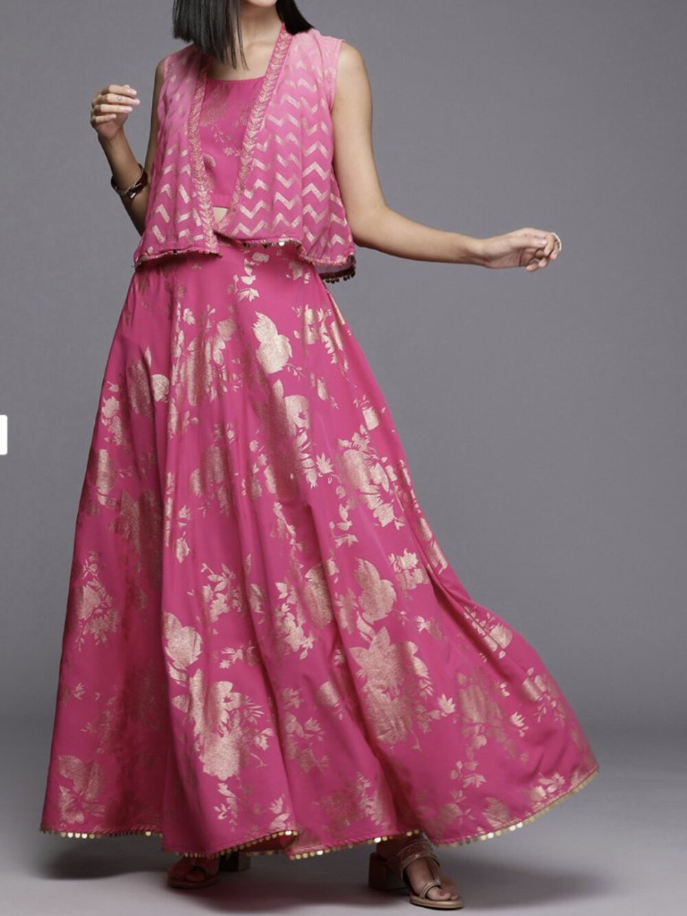Women Pink Floral Foil Print Lehenga Skirt Top Shrug 3 Piece Set